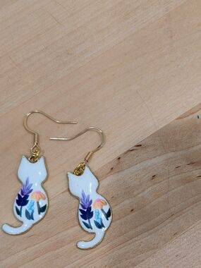 White Cat Floral Dangle Earrings for Cat Lovers